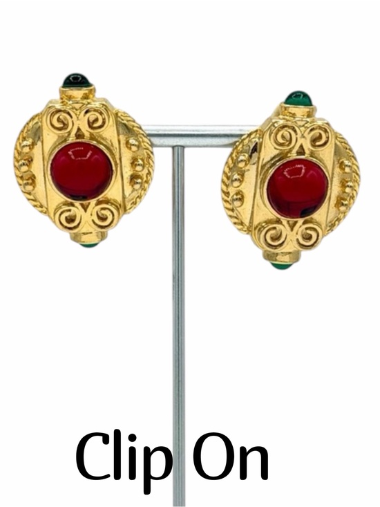 unmarked Jewelry - Mogul inspired Gold-Tone Clip-On Earrings Red & Green Glass Cabochon Stones